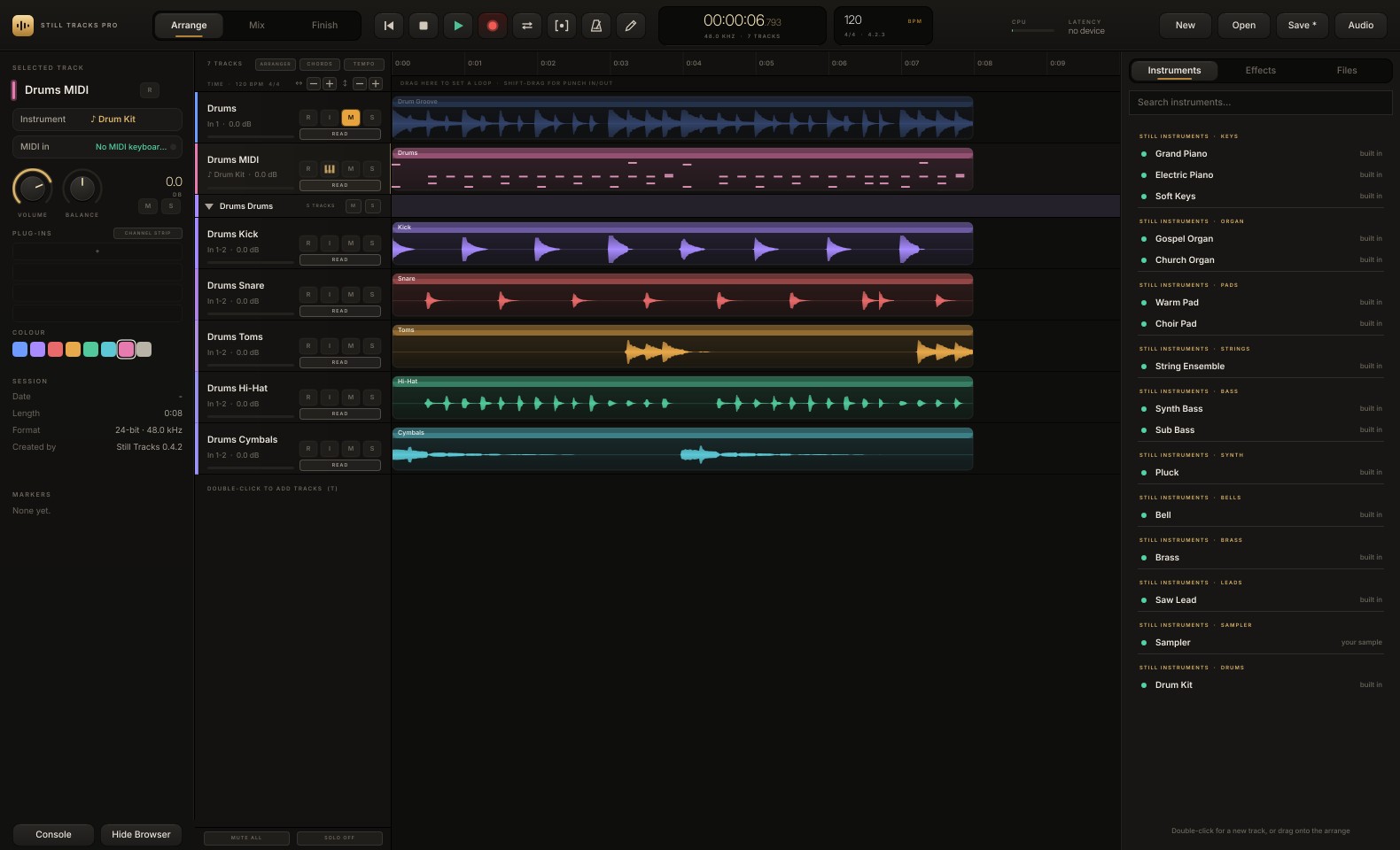 The Still Tracks Pro Arrange page: a drum loop split into kick, snare, toms, hi-hat and cymbals and converted to MIDI on the built-in Drum Kit