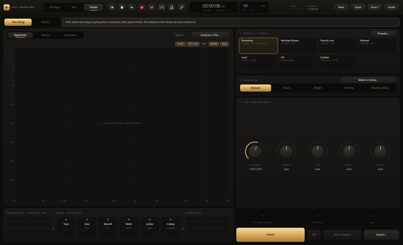 The Still Tracks Pro Finish page: targets, character, fine tune and the Still Audio mastering chain