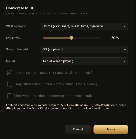 The Convert to MIDI window: what's playing, sensitivity, snap to the grid and sound