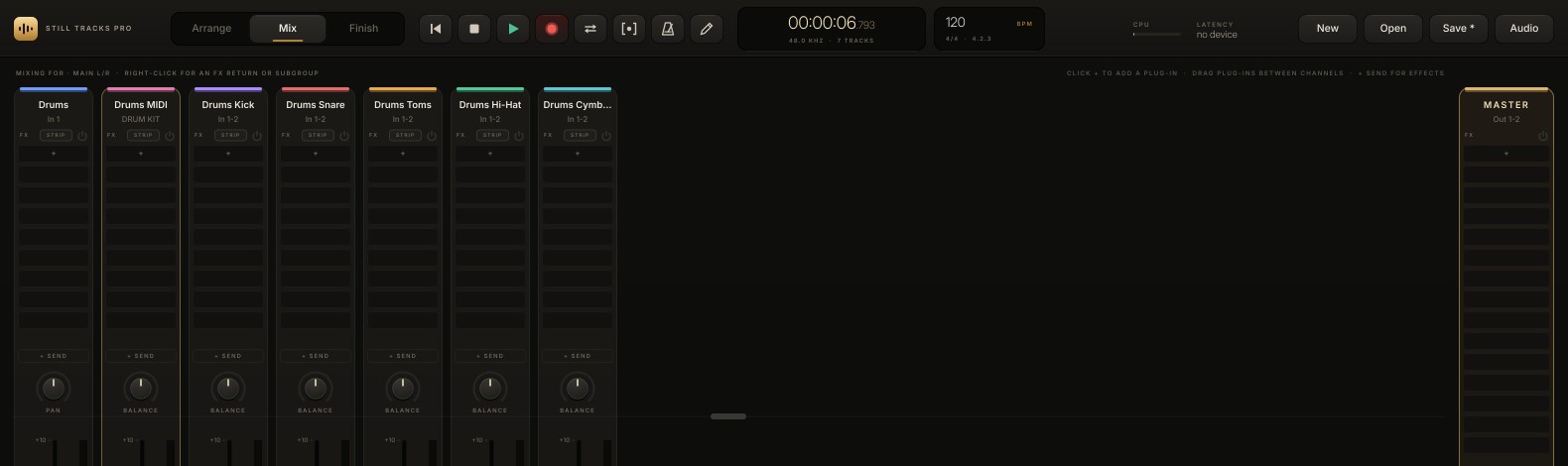 The Still Tracks Pro Mix page: channel strips with plug-in slots, sends, balance and faders, with the master on the right