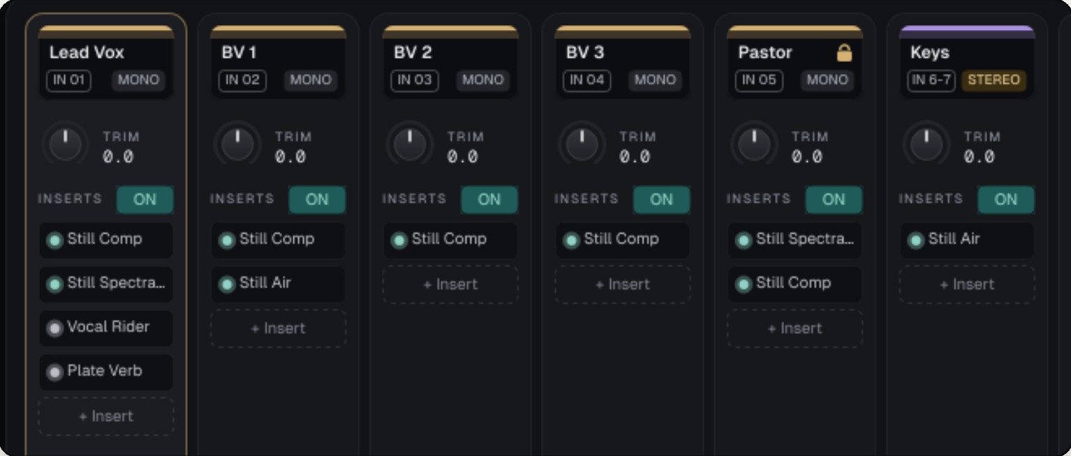 Still Rack channel strips: Lead Vox, backing vocals, a recall-safe Pastor channel and stereo Keys, each with Still Audio inserts