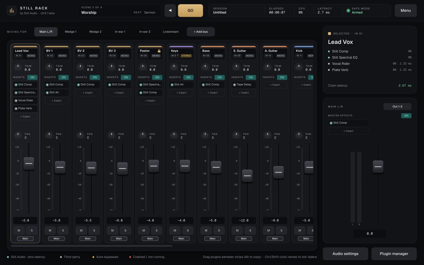 Still Rack: the main screen with ten channel strips, inserts, faders, the selected channel's chain and the Main L/R card